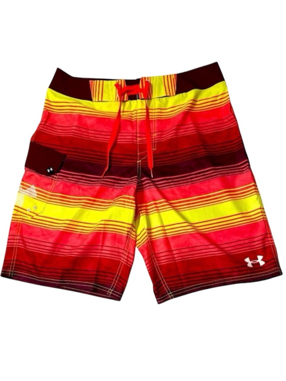 Under Armour Board Shorts Mens 32 HeatGear Striped Swim Surf Red Yellow Stretch